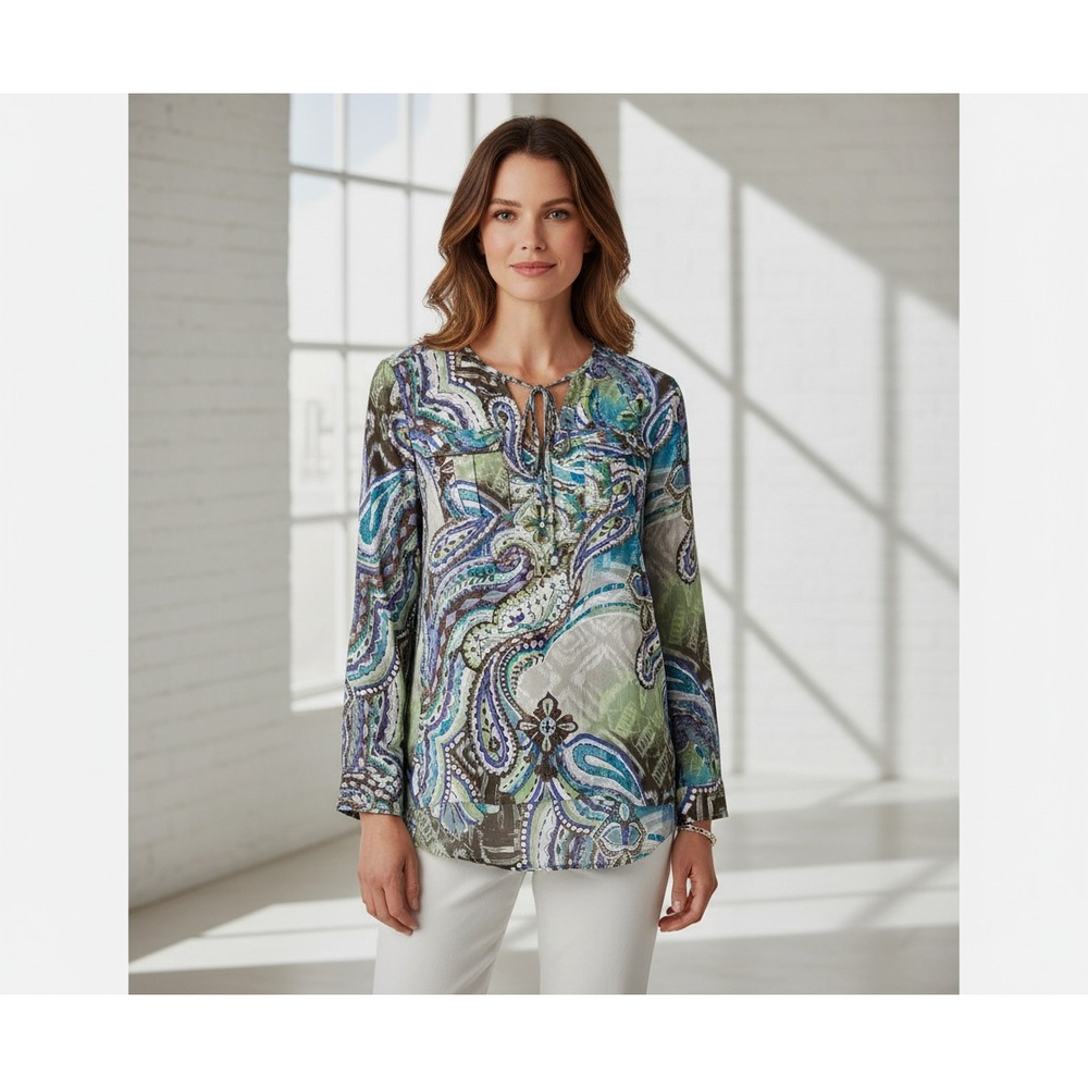 Chico's S Top Taupe Green Turquoise Paisley Lace Up Boho Coastal Casual Office